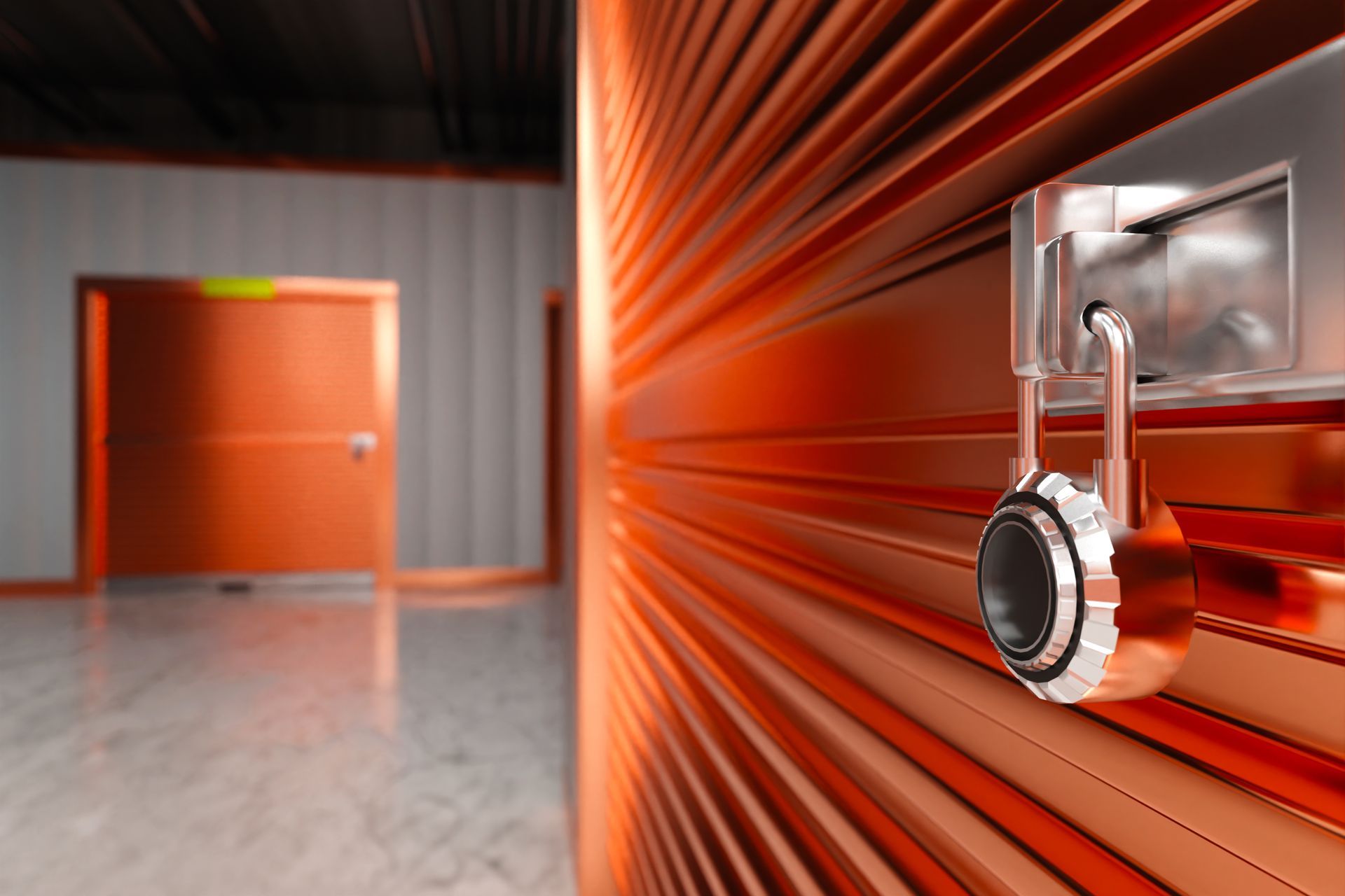 Close-up of a padlock on a red storage unit door in a brightly lit facility. Close-up of a padlock on a red storage unit door in a brightly lit facility.