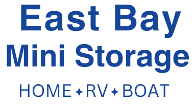 East Bay Mini Storage logo in blue text, with HOME, RV, BOAT below.