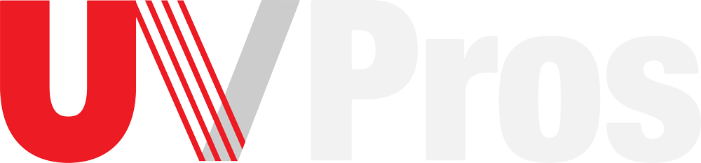 UV Pros logo with red "UV" and light gray "Pros". "V" has angled lines.