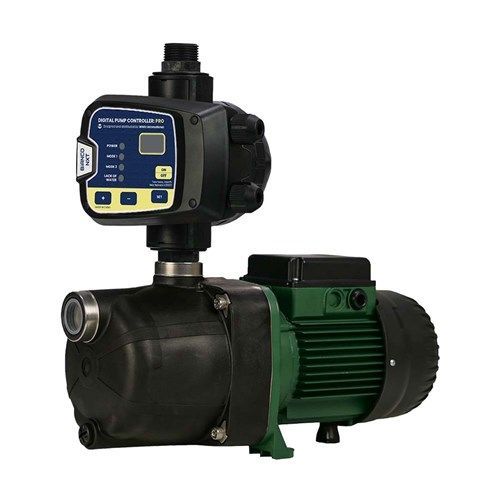A blue water pump with a hose attached to it on a white background.