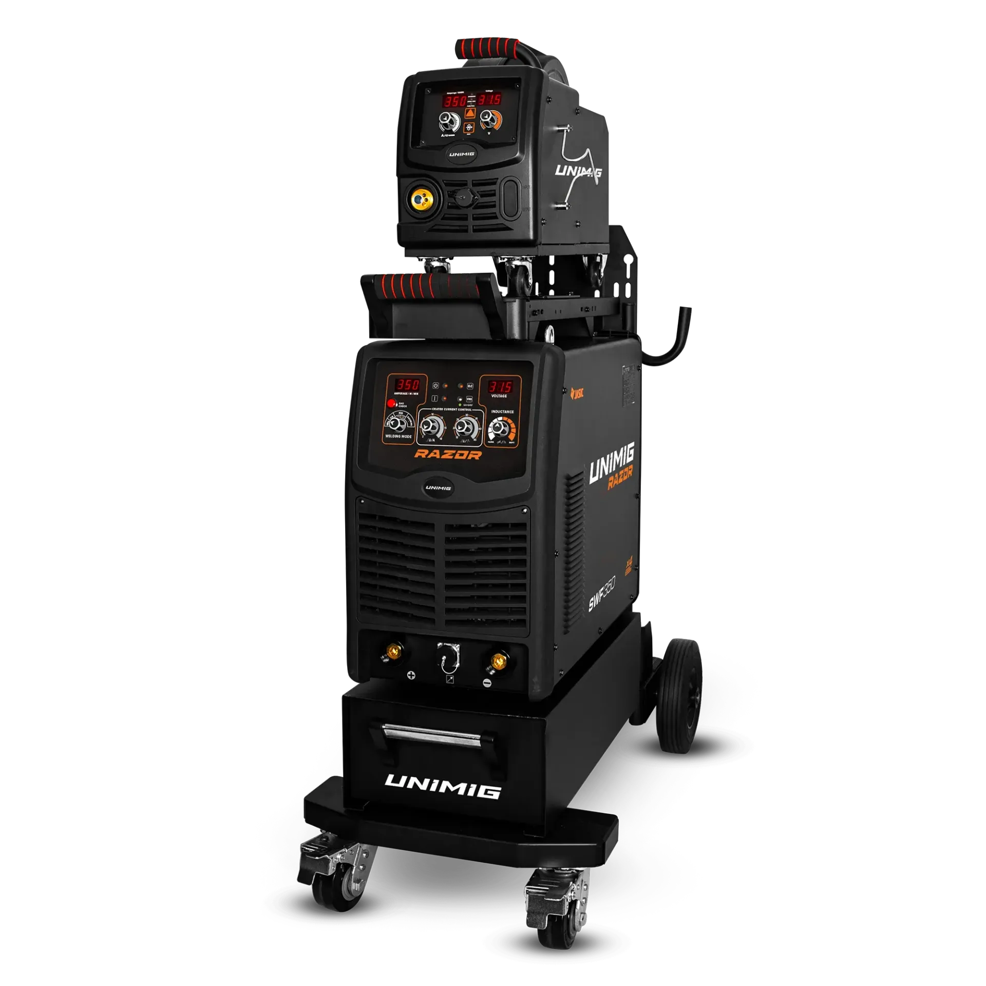 A welding machine is sitting on top of a cart.