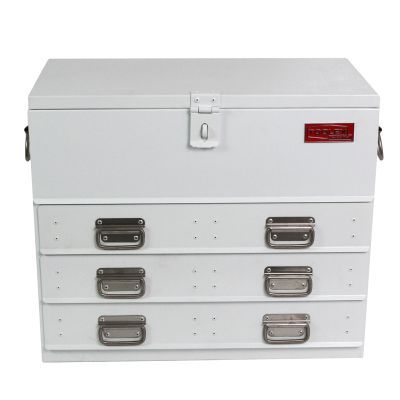 A white toolbox with three drawers and a lock
