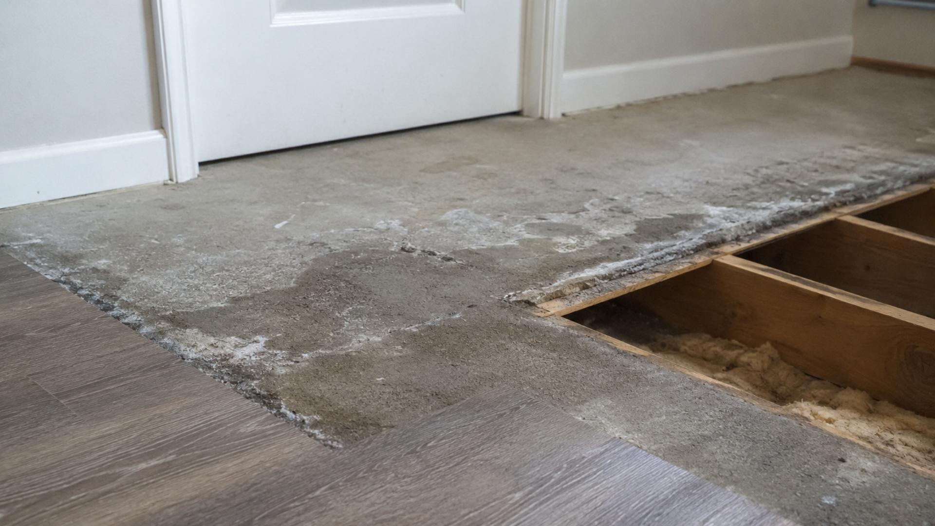 Damaged carpet torn open, exposing the subfloor in a room near a white door.