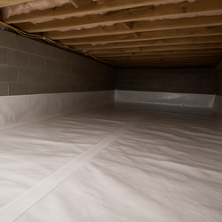 Crawl space with white vapor barrier on floor and walls. Gray cinder block walls. Wooden beams overhead.