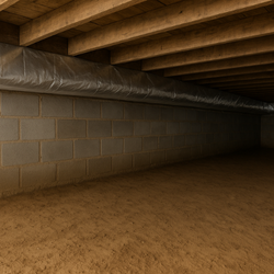 Underneath a house, gray cinder block wall, wood beams, plastic ductwork, and dirt floor.