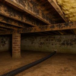 Damp crawlspace with black mold on wooden beams and concrete walls. A drainage pipe runs across the dirt floor.