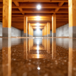 Low-angle view of a wet crawl space with wooden beams and a concrete floor reflecting overhead lights.
