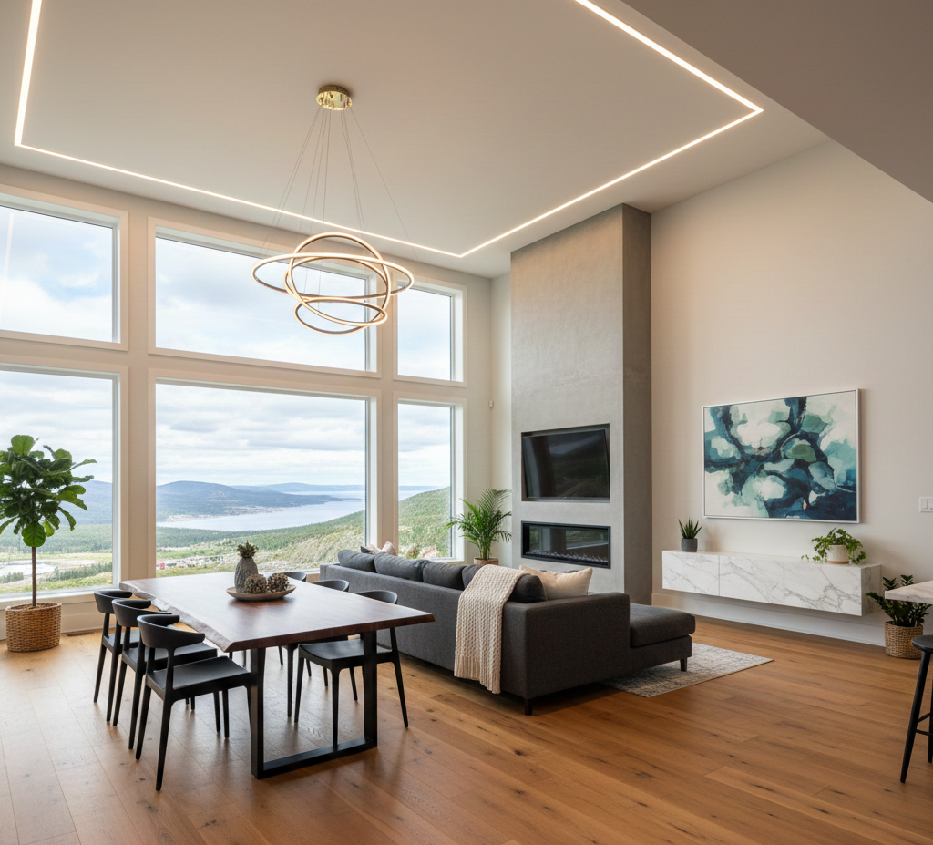 Modern living room with a dining table, sectional sofa, fireplace, and large windows with a scenic view.