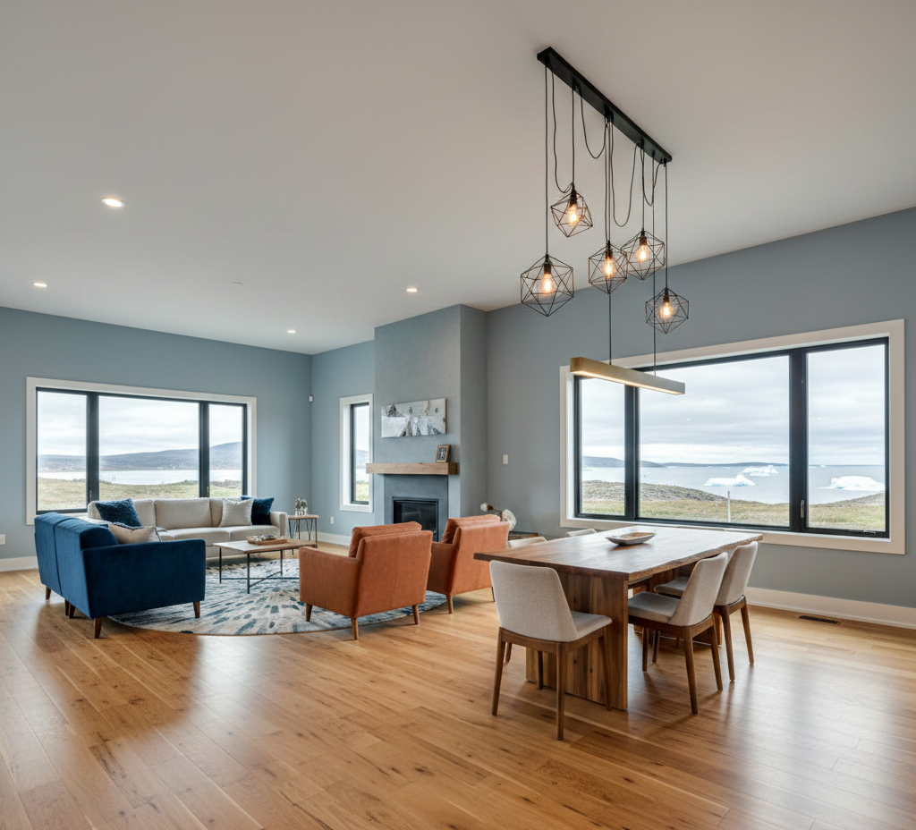 Spacious open-concept living/dining area with wood floors, blue walls, large windows, and modern furniture.