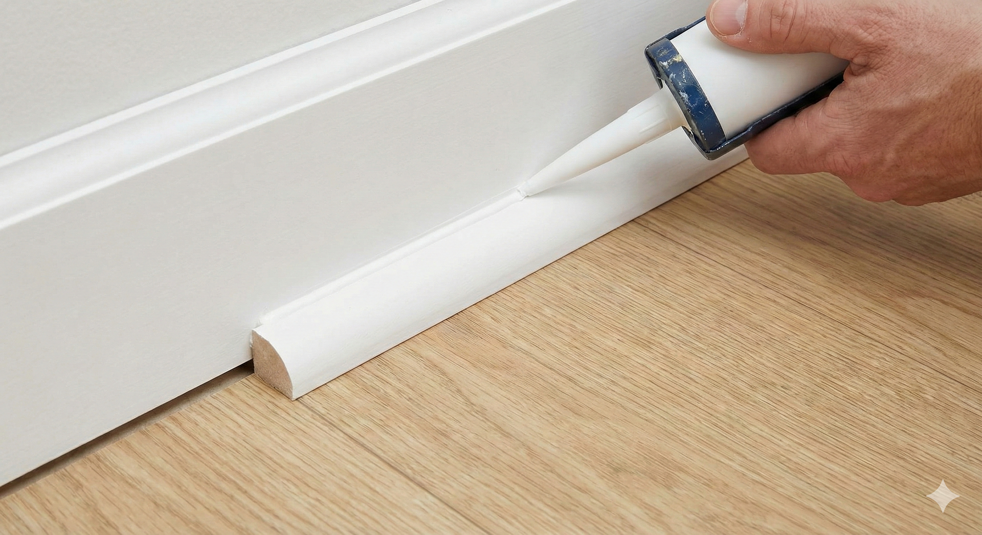 Hand caulking white molding to a white door frame on a wood floor.