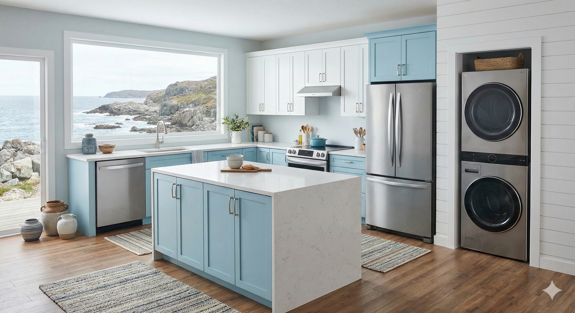 Kitchen with blue and white cabinets, stainless steel appliances, and a window overlooking a rocky coastline.