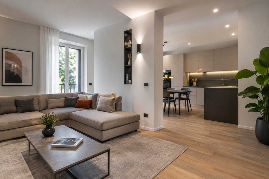 Soggiorno moderno a pianta aperta con divano angolare grigio, pavimento in legno e cucina sullo sfondo.
