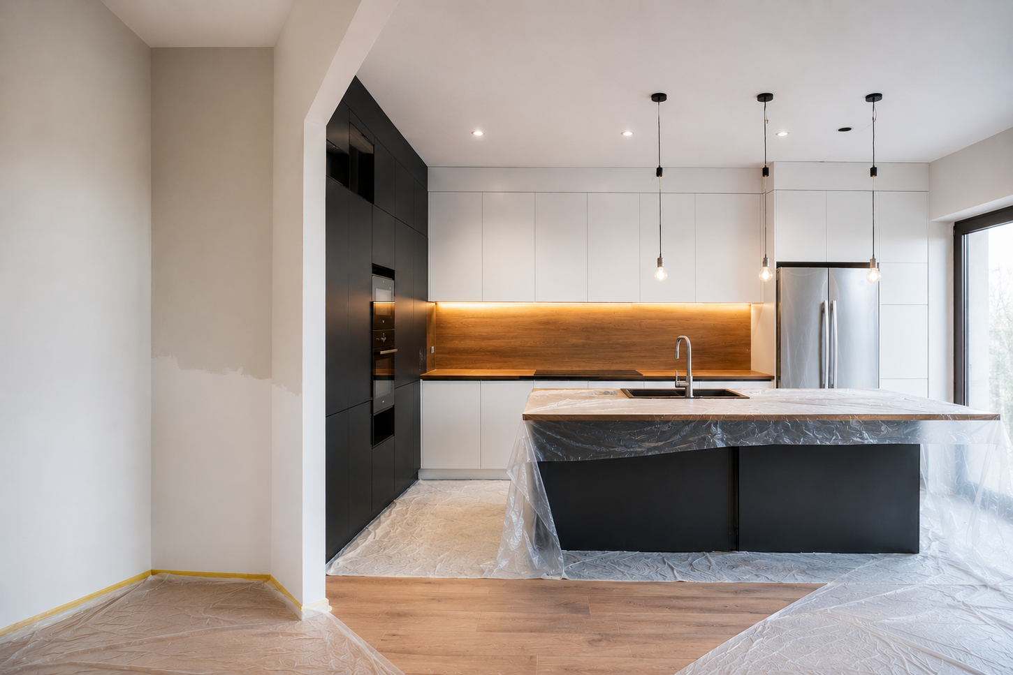Cucina moderna con isola, mobili in legno, illuminazione sottopensile calda ed elettrodomestici in acciaio inossidabile.