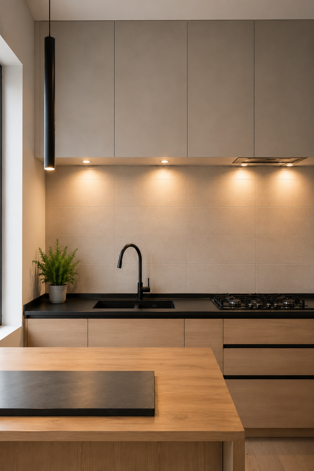 Cucina moderna e minimalista con mobili in legno, ripiani neri e illuminazione sottopensile.