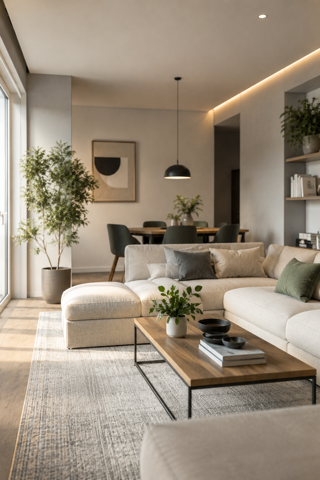 Luminoso soggiorno moderno con divano componibile beige, tavolino da caffè, zona pranzo, piante e illuminazione a incasso dai toni caldi.