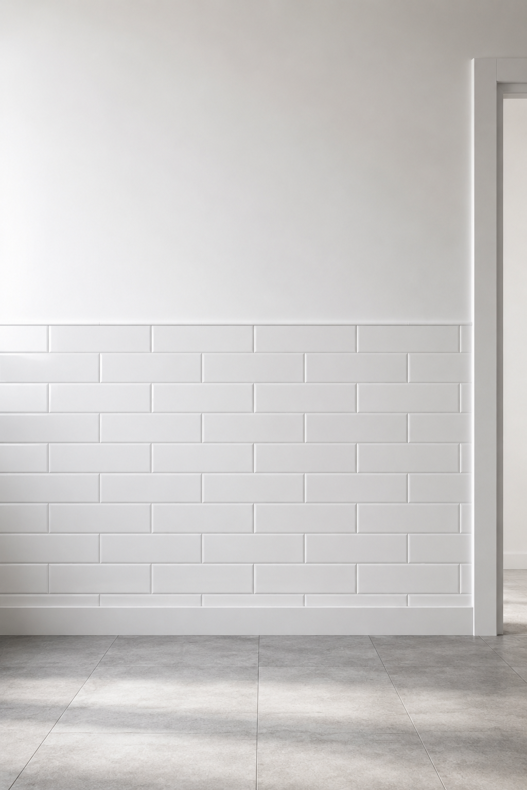 Parete interna minimalista bianca con rivestimento in piastrelle tipo metropolitana e pavimento grigio, vista da vicino a una porta.