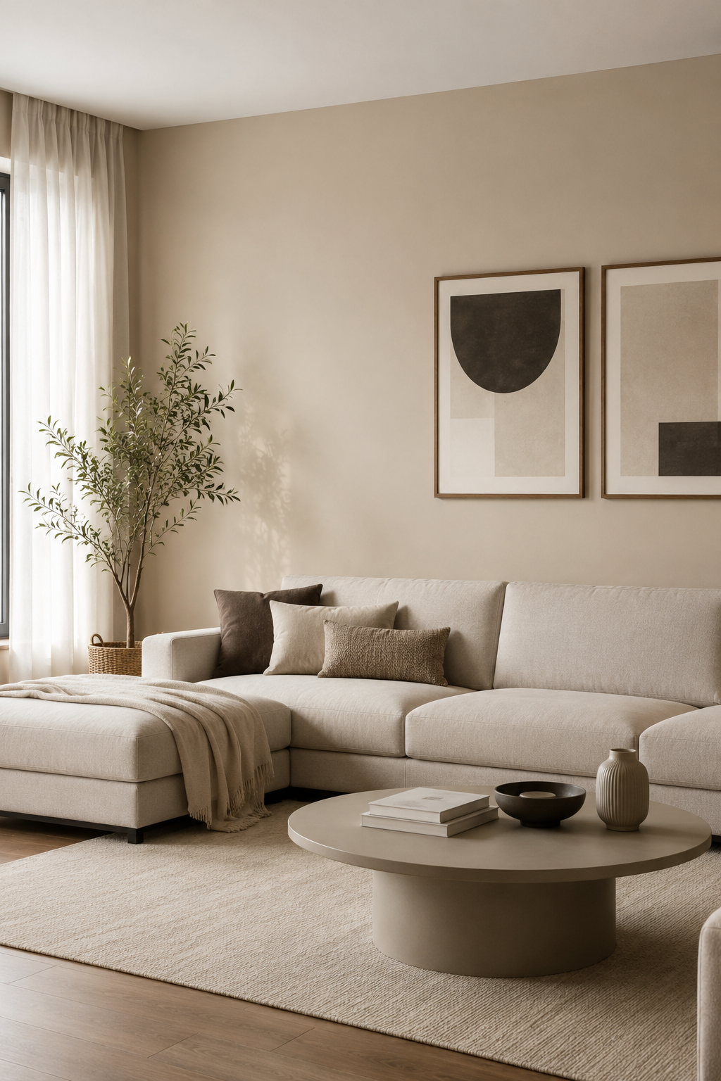 Soggiorno minimalista sui toni del beige con divano componibile, tavolino rotondo, quadri alle pareti e luce naturale soffusa.