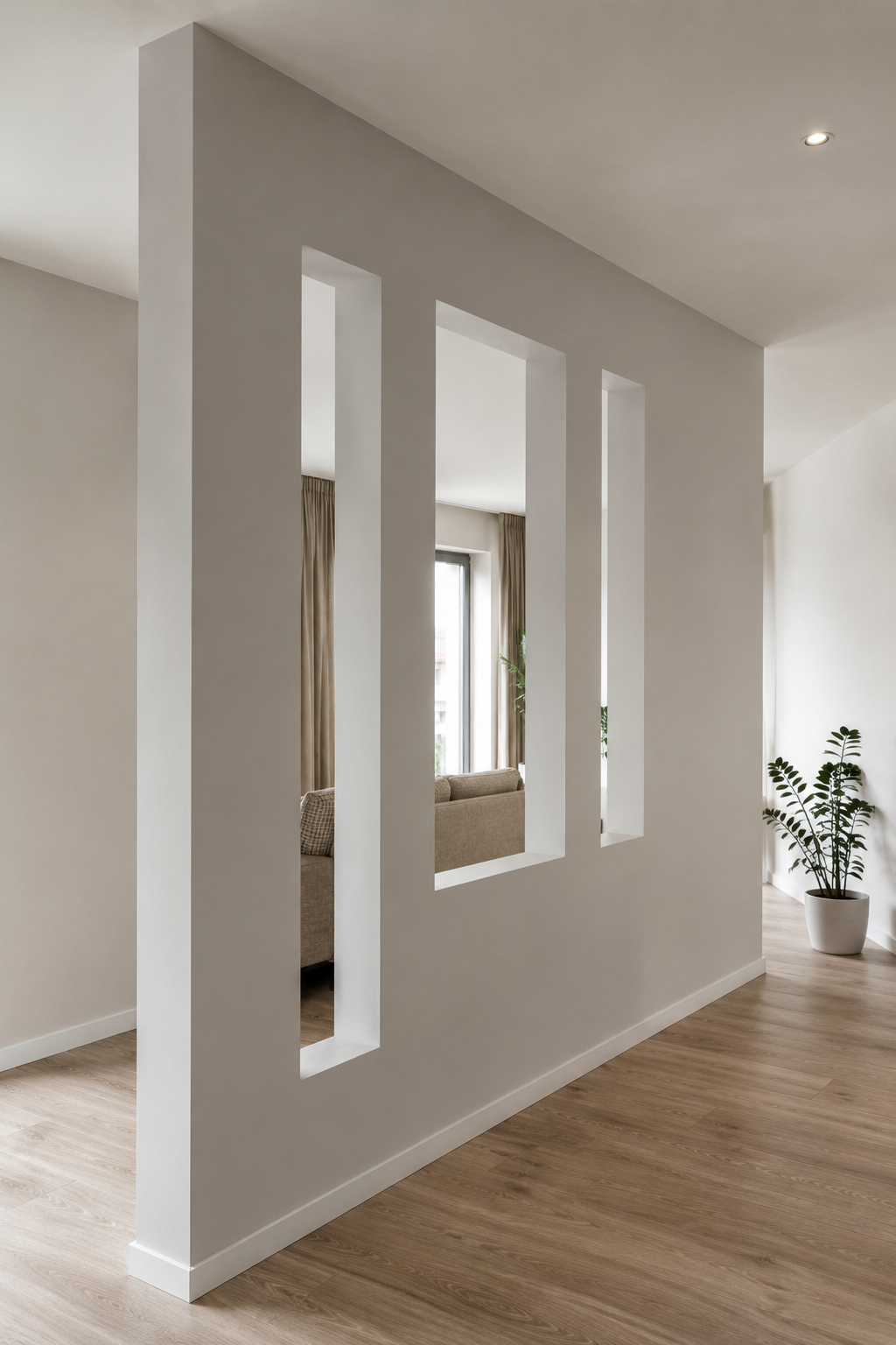 Interno moderno con parete divisoria bianca, tre nicchie rettangolari e pavimento in legno.
