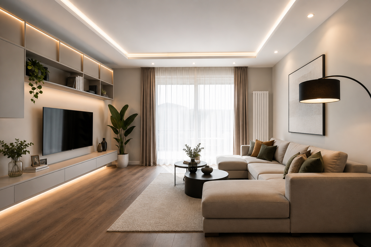 Soggiorno moderno con divano componibile beige, TV a parete, mensole e ampia finestra con tende.