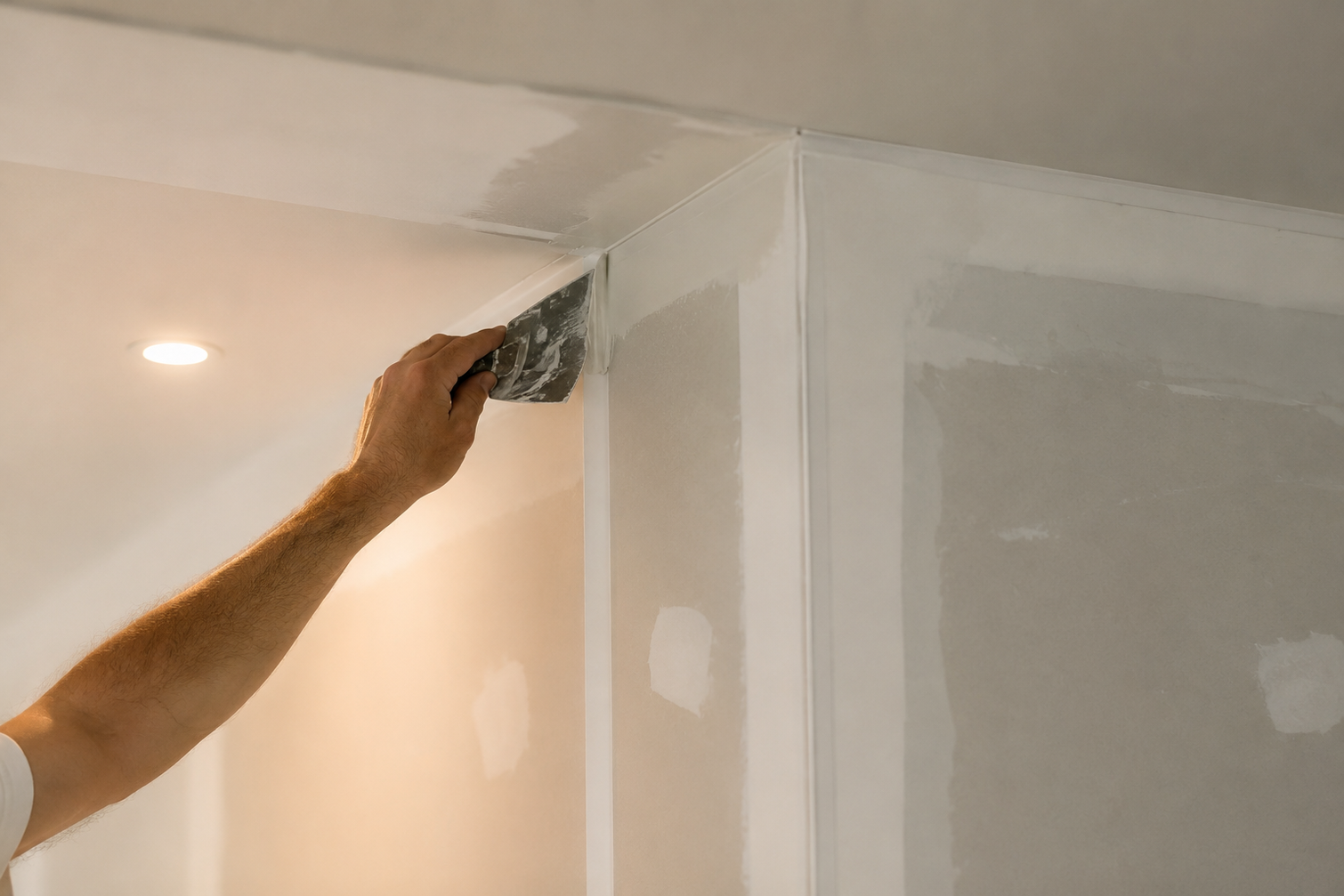 Applicazione manuale di stucco per giunti su un angolo del soffitto in una stanza bianca in fase di ristrutturazione.