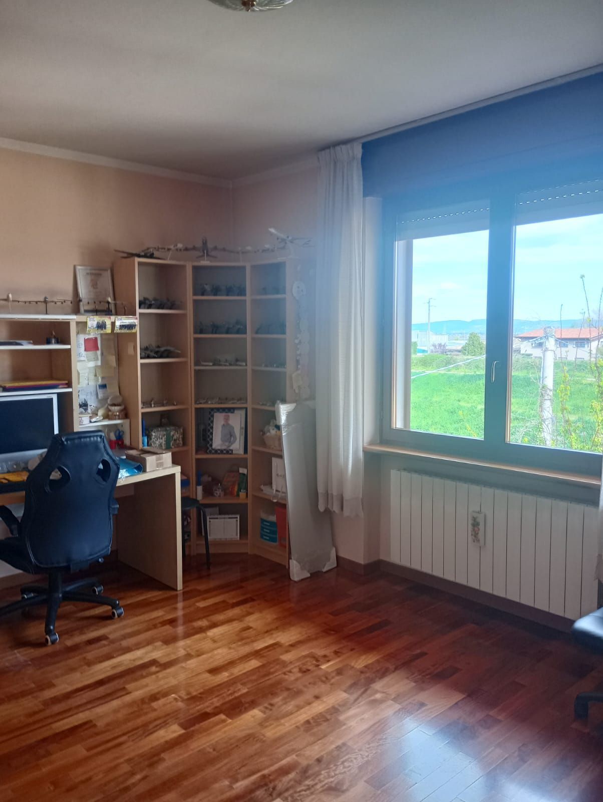 Ufficio domestico con scrivania, scaffali, sedia blu, pavimento in legno e un'ampia finestra che si affaccia su campi verdi.