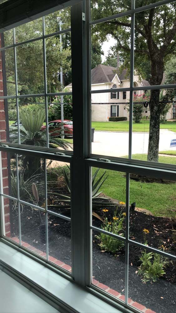 View through a window of a suburban house and front yard with flowers and a parked red car across the street