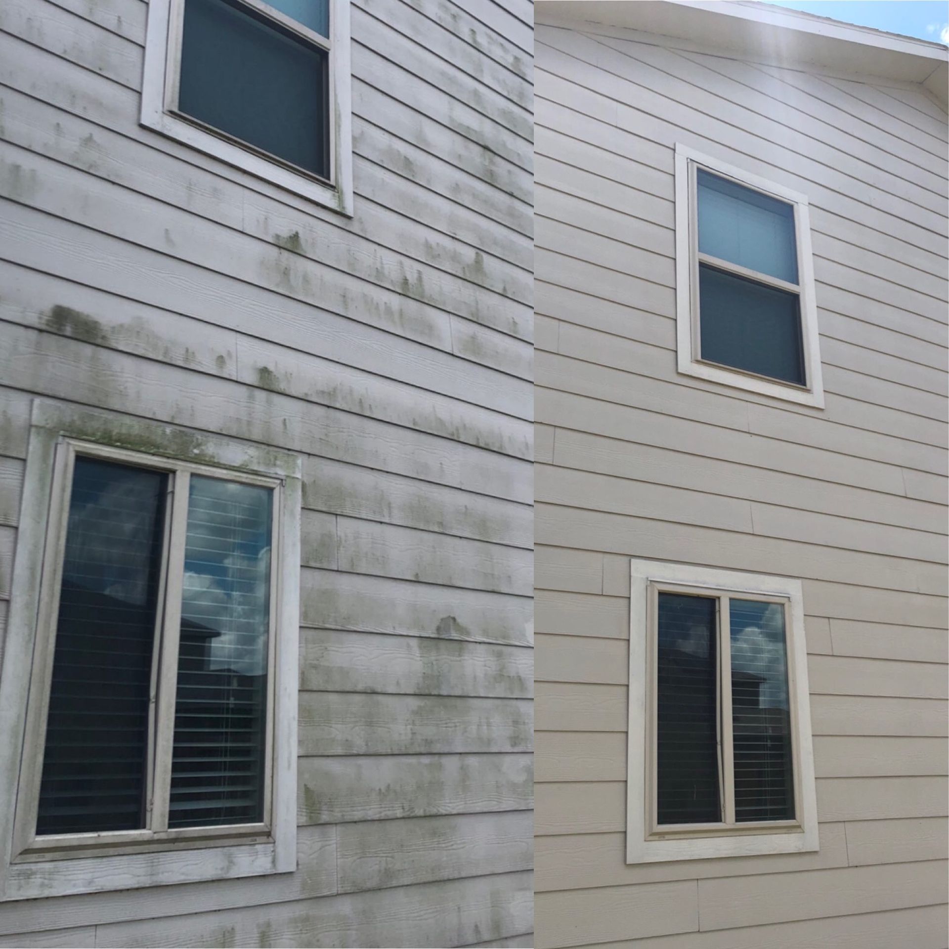 Side-by-side house exteriors with windows, one weathered gray and one light beige, showing visible siding stains.