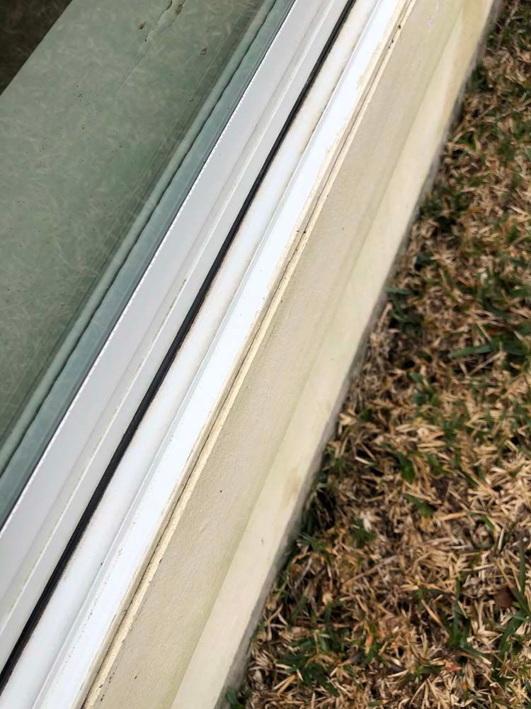 Close-up of a white window frame beside a green wall and dry grass outdoors