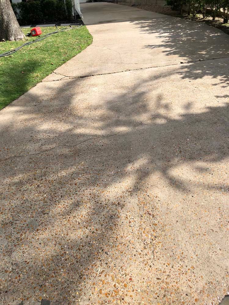 Sunlit concrete driveway with tree shadows and a grassy edge