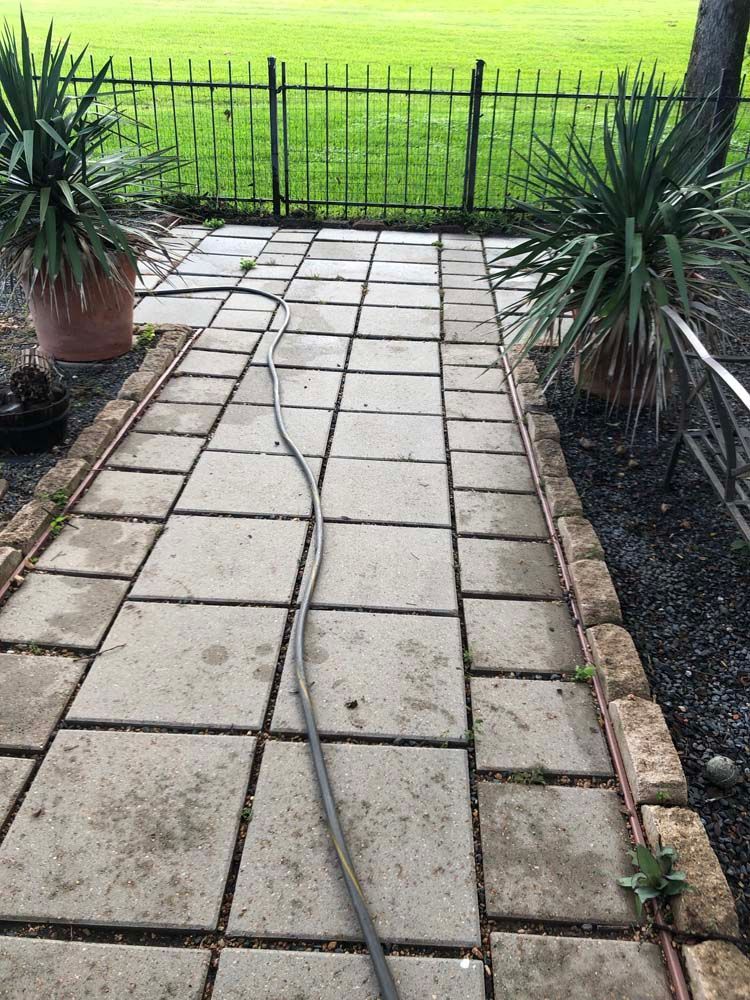 Stone patio path with a long hose, flanked by potted plants and a black fence overlooking a green lawn