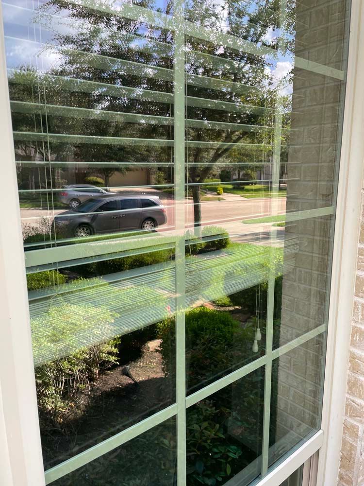 Window with white blinds reflecting a black SUV on a leafy residential street
