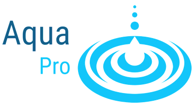 Aqua Pro logo with blue text and a blue water ripple icon