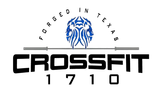 CrossFit gym logo: Black text "CROSSFIT 1710", barbell, blue lion crest, "FORGED IN TEXAS".