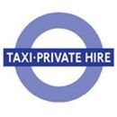 The logo for taxi private hire is a purple and white circle.