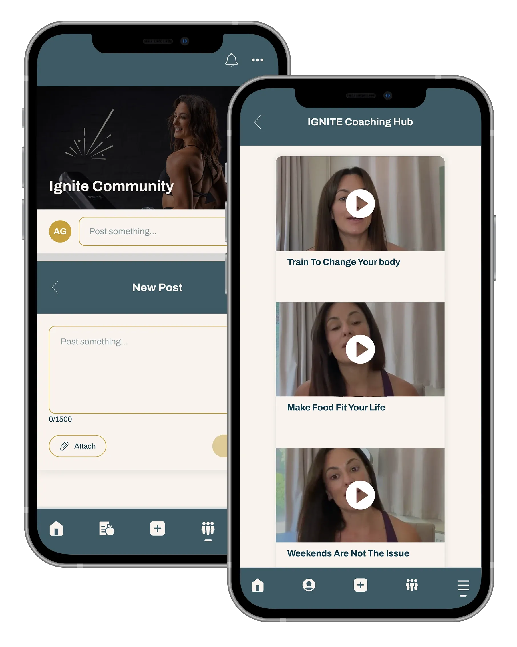 Mobile meal-planning app screens with food photos, nutrition stats, and a meal selection popup