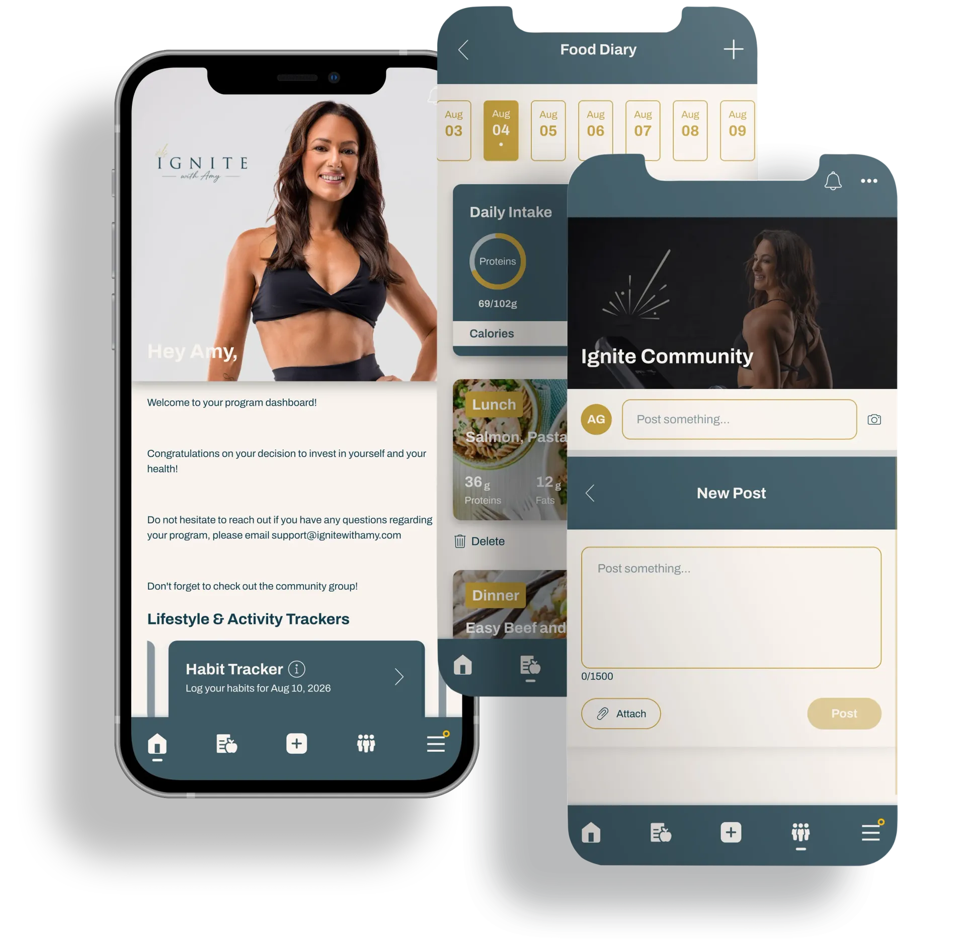 Three teal-and-cream mobile app screens showing a profile, dashboard, and messaging interface