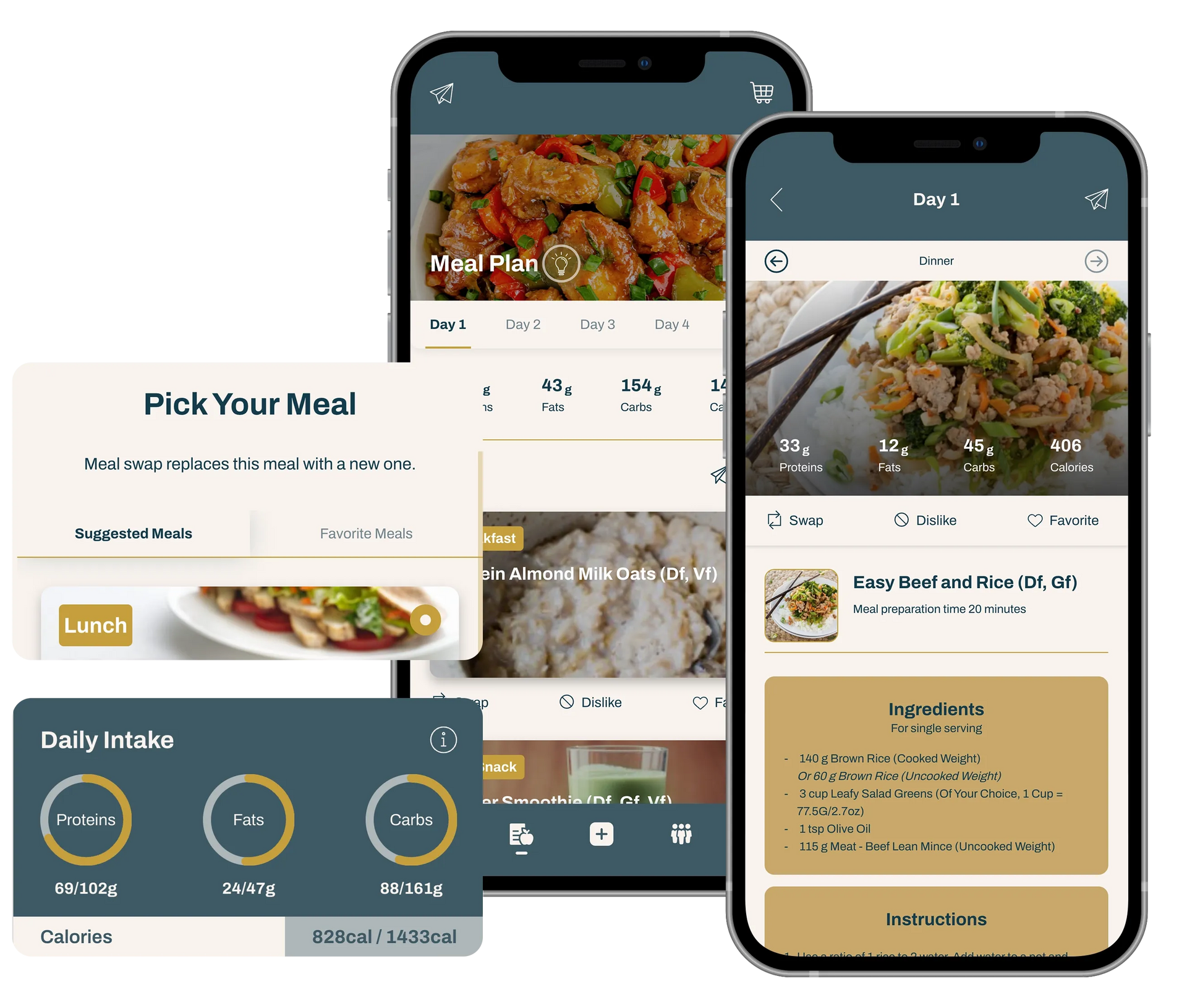 Mobile meal-planning app screens with food photos, nutrition stats, and a meal selection popup