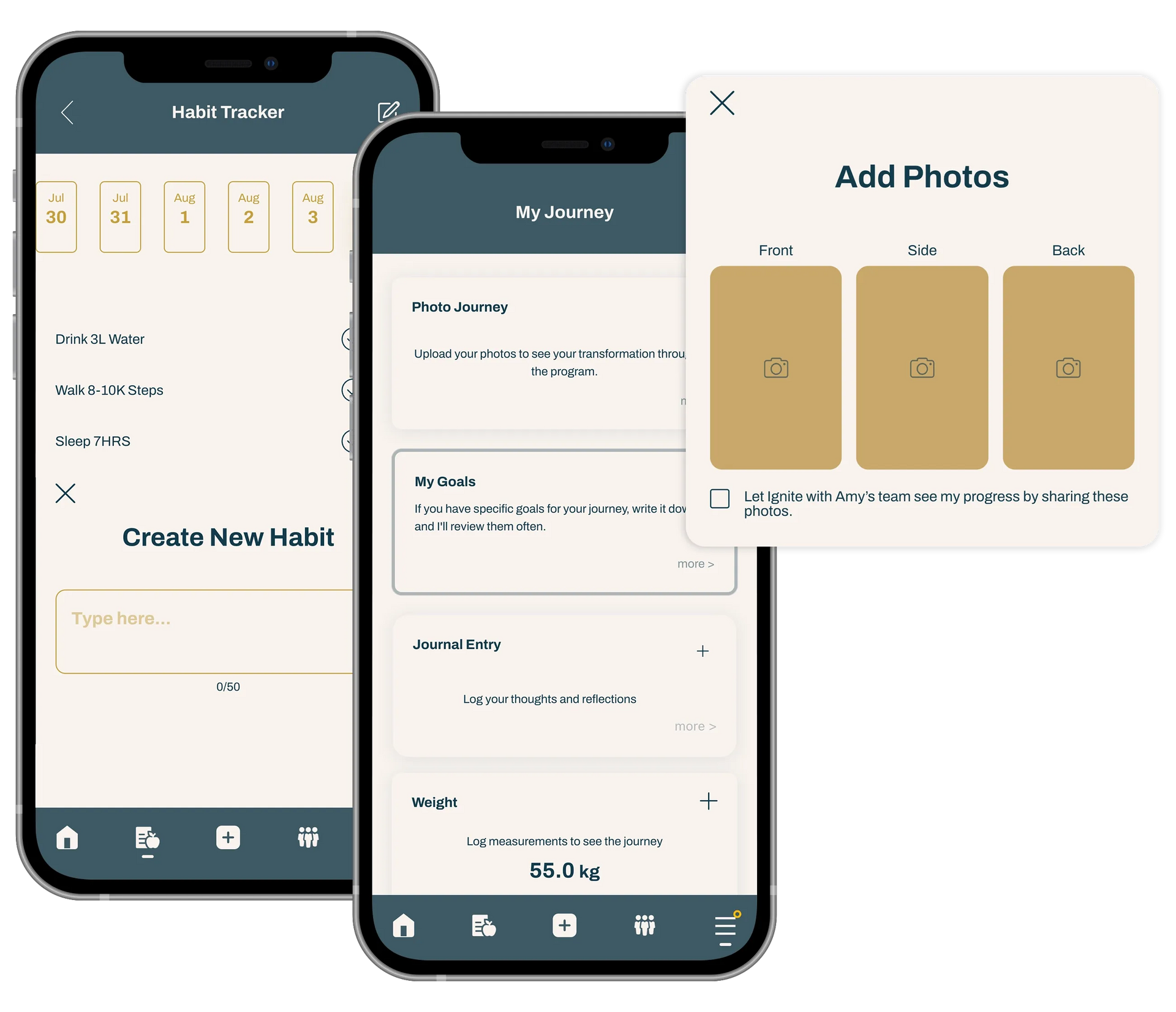 Fitness app screens showing workout plans, exercise video, and progress tracking on two smartphones