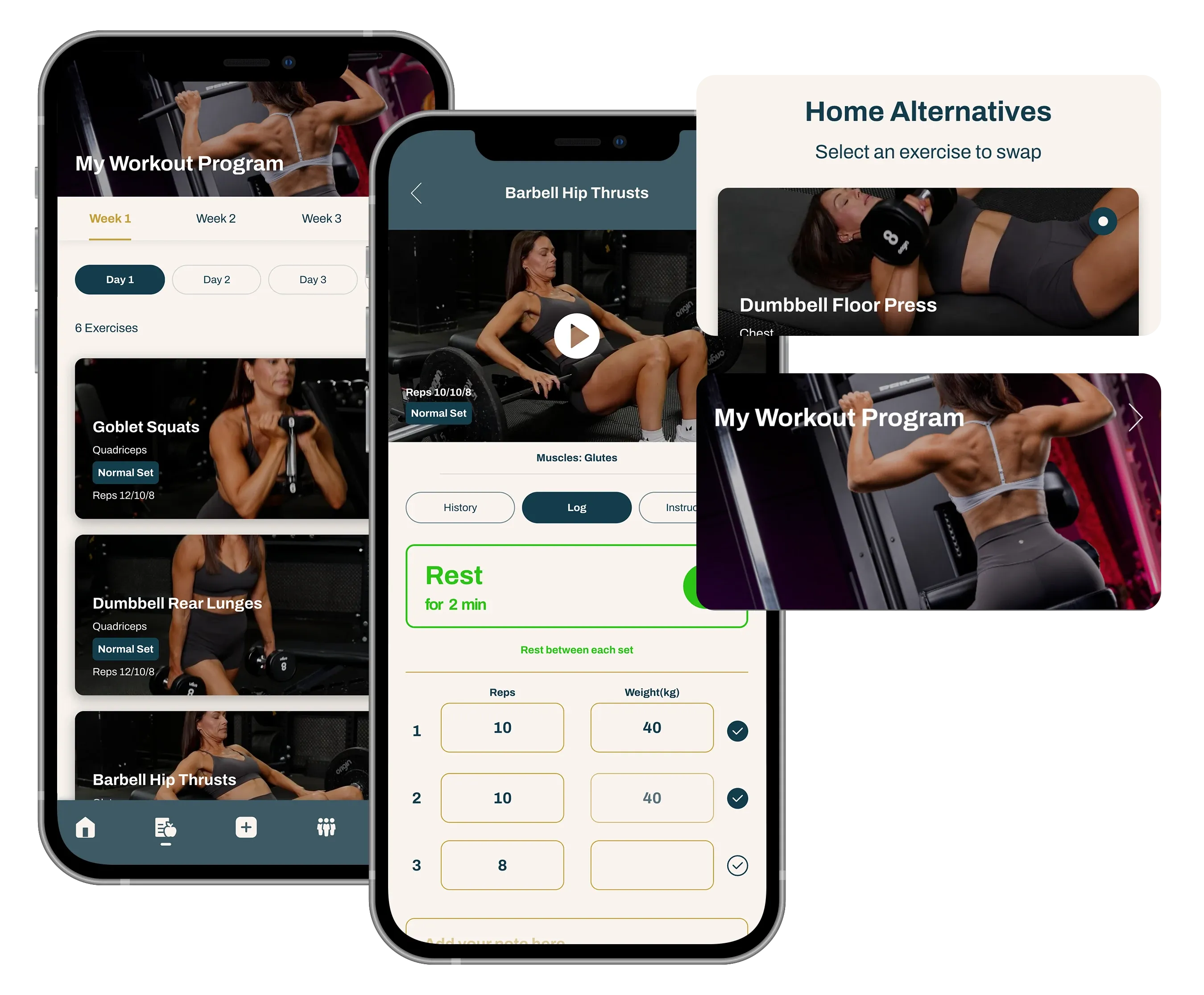Fitness app screens showing workout plans, exercise video, and progress tracking on two smartphones