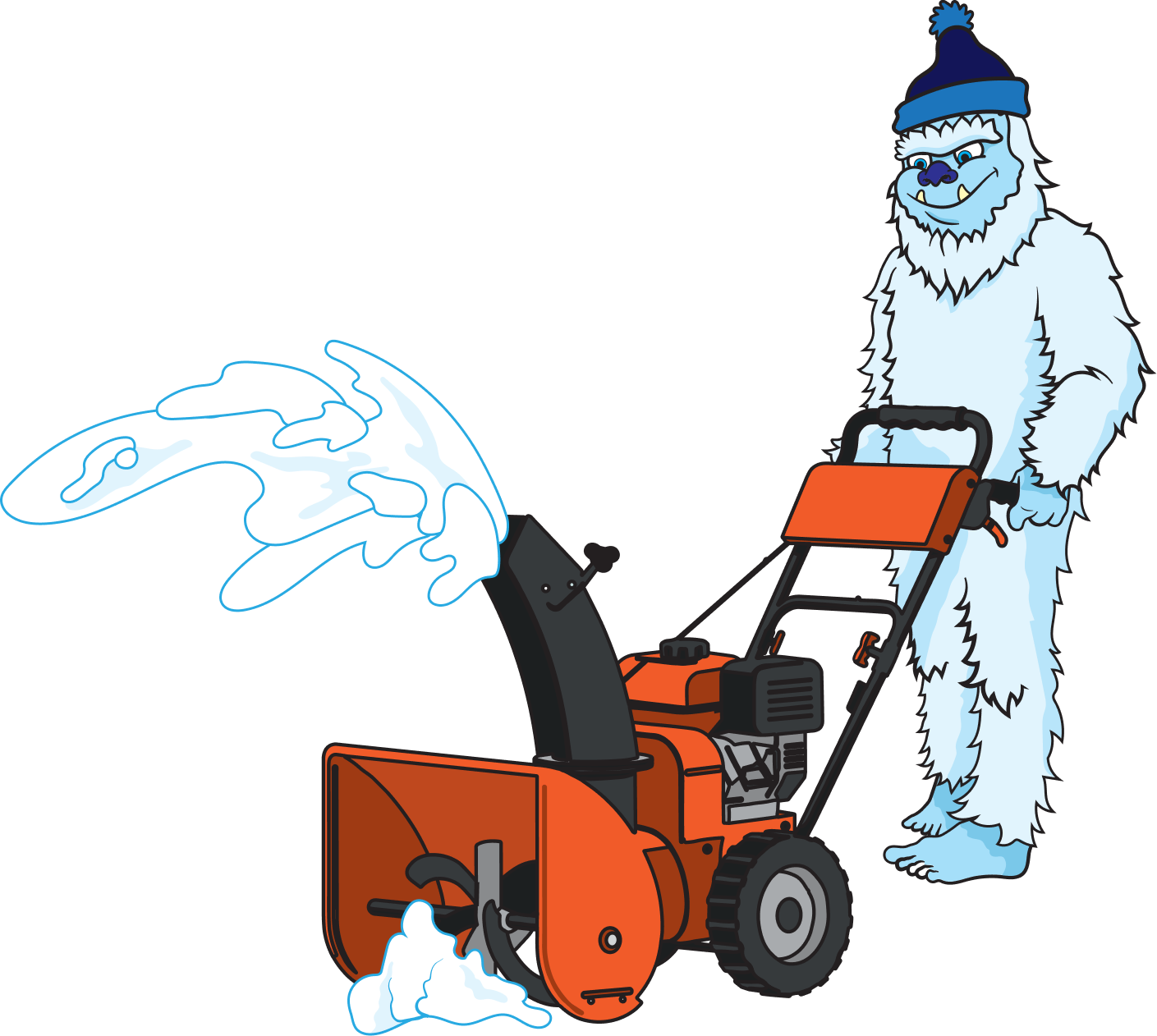 Cartoon yeti in a blue hat using an orange snowblower to clear snow
