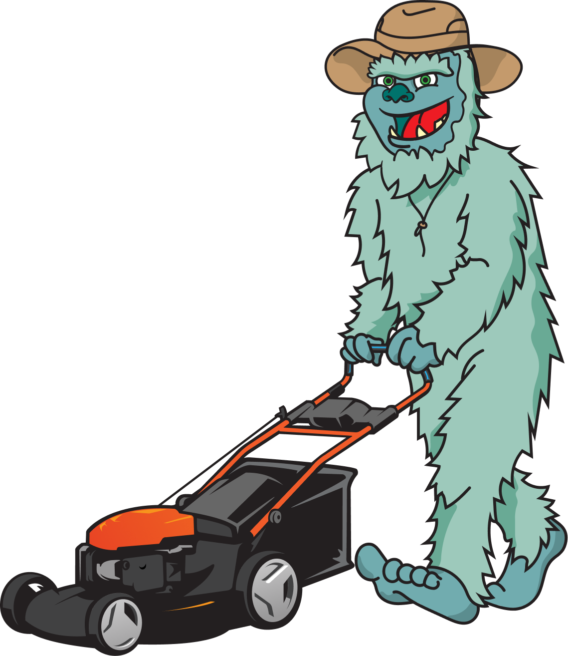 A cartoon furry monster in a hat pushing a red-and-black lawn mower.