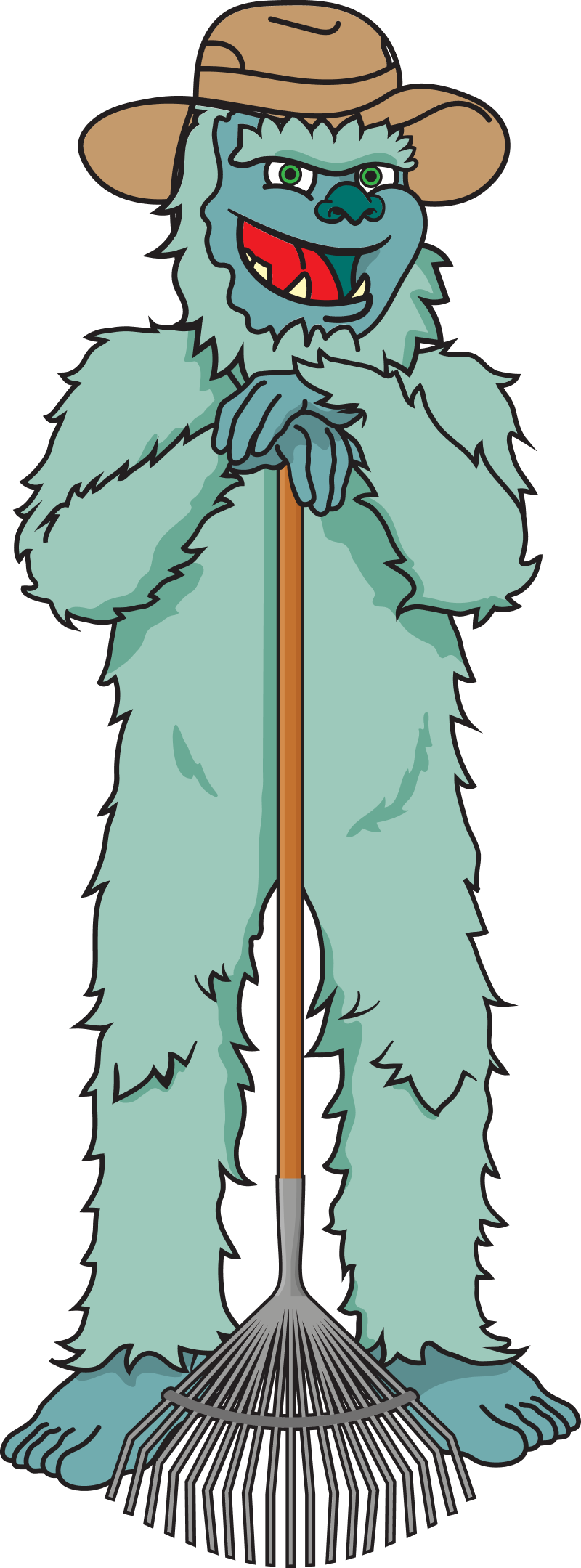 Cartoon teal furry monster with a straw hat, red mouth, and tall striped legs standing upright.