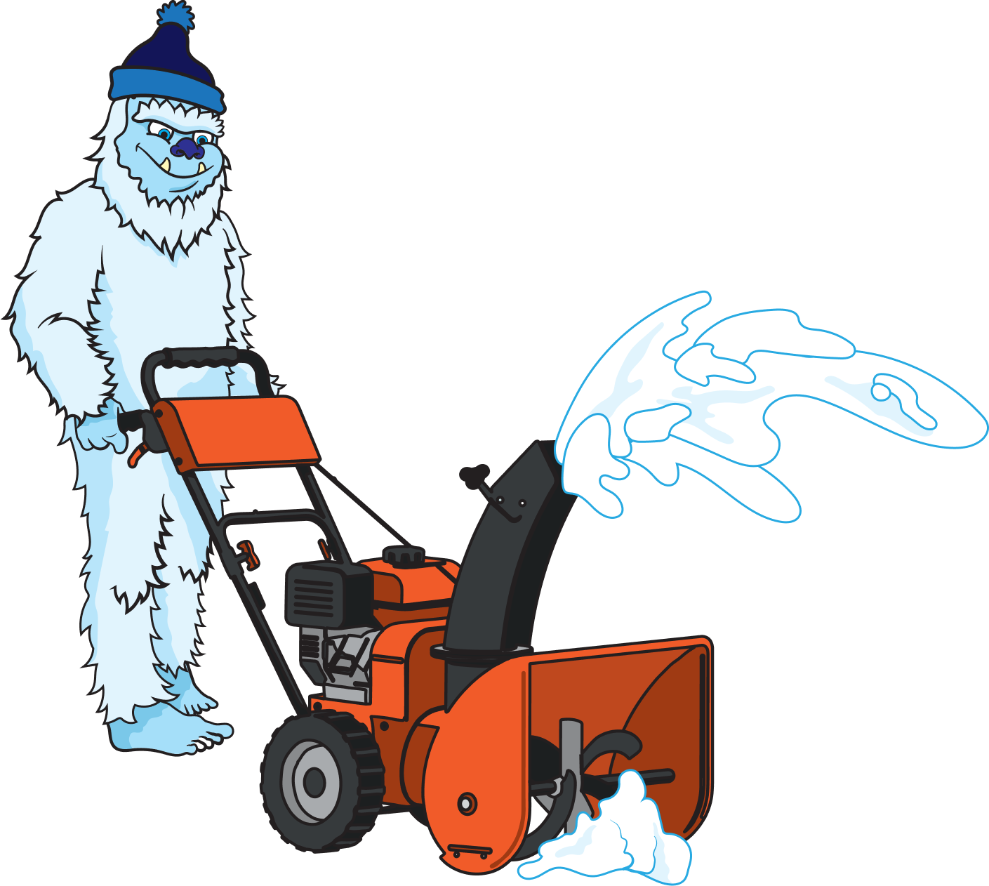 Cartoon yeti in a blue hat using an orange snowblower to clear snow