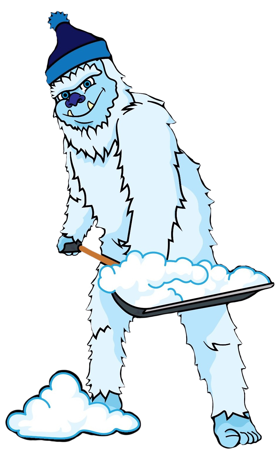 Cartoon teal furry monster with a straw hat, red mouth, and tall striped legs standing upright.