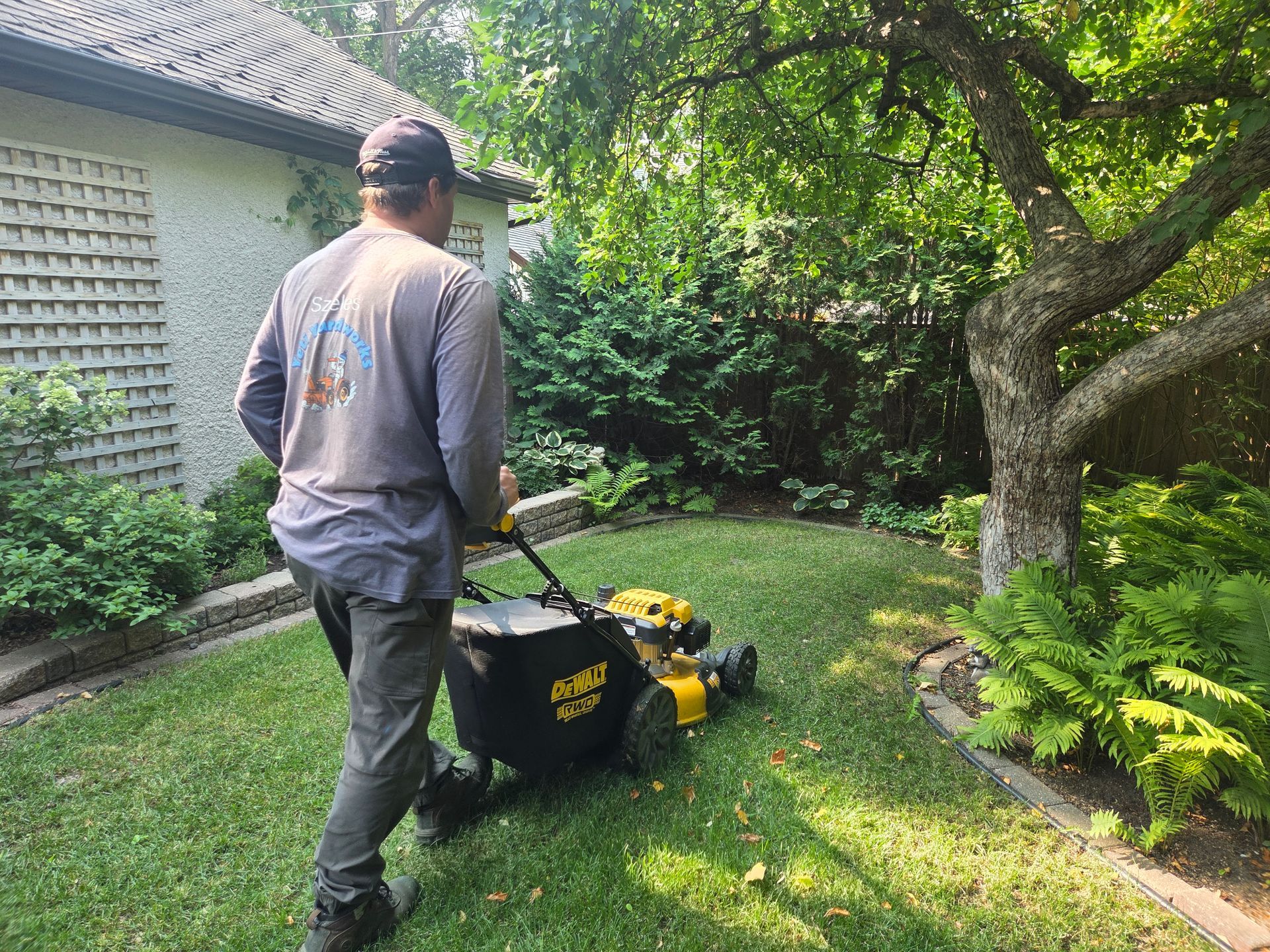 Person mowing a grassy backyard with a push mower beside a house and trees