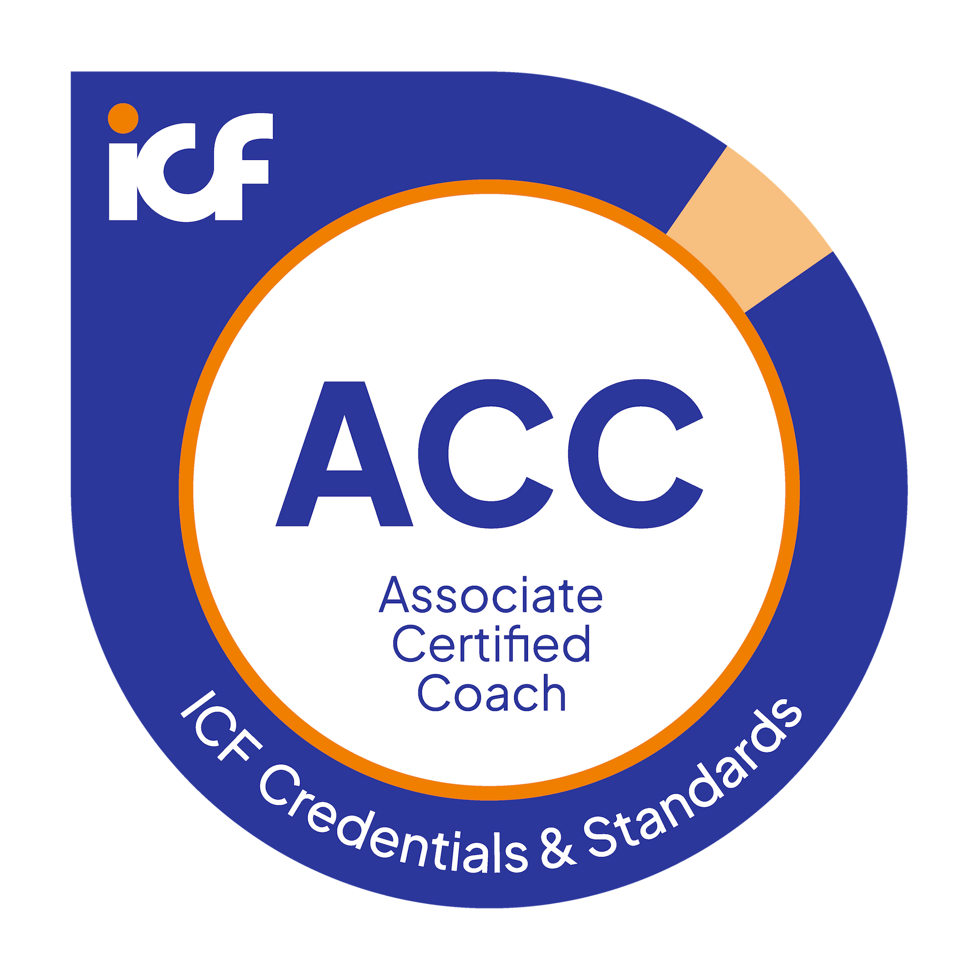 ICF Associate Certified Coach (ACC) credential badge in dark blue, orange, and white.