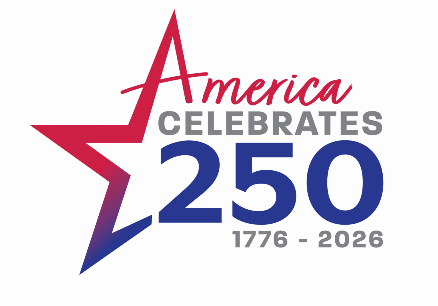 America celebrates 250 logo with red and blue star, “1776–2026” text