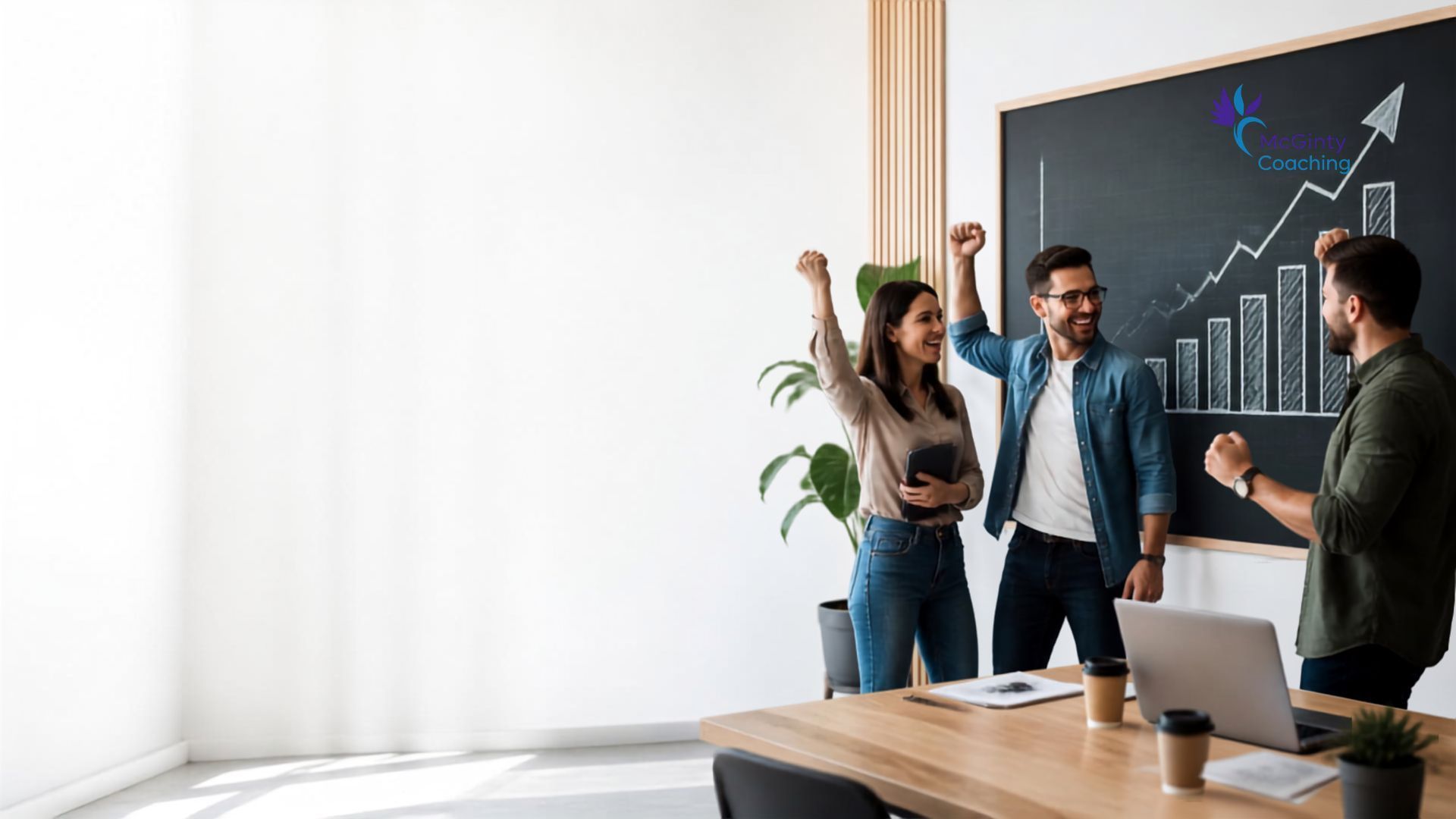 Coworkers celebrating beside a chart-covered wall in a bright office meeting room.