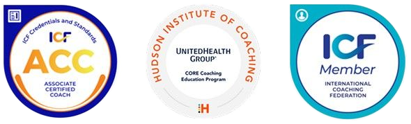 Three circular icons representing International Coaching Federation (ICF) credentials, training, and membership.