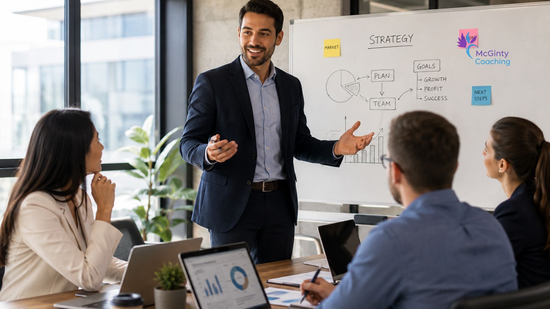 Business meeting with a presenter speaking to colleagues around a conference table in a bright office